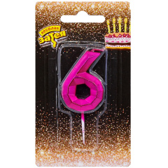 Свеча Цифра 6, Диамант Маджента, 4,5 см, 1 шт.